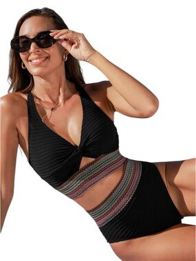 Cupshe Black Keyhole Bikini Top & High-Waisted Bottoms Set NWT L